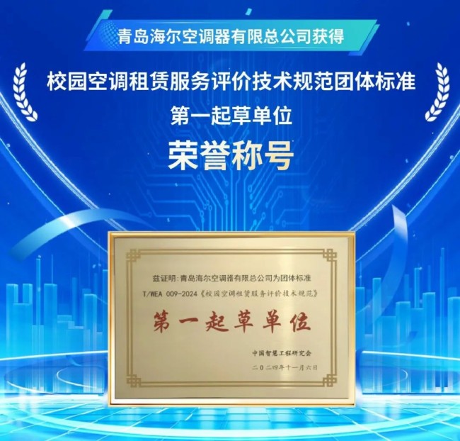 海尔空调牵头制定行业首个《校园空调租赁服务评价技术规范》团体标准，并获首个5a认证