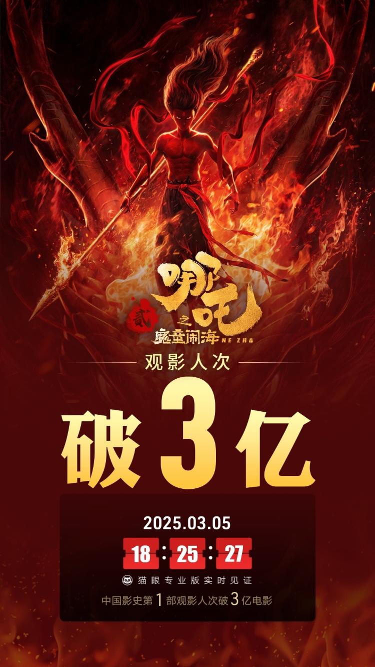 《哪吒2》成为中国影史首部观影人次破3亿电影