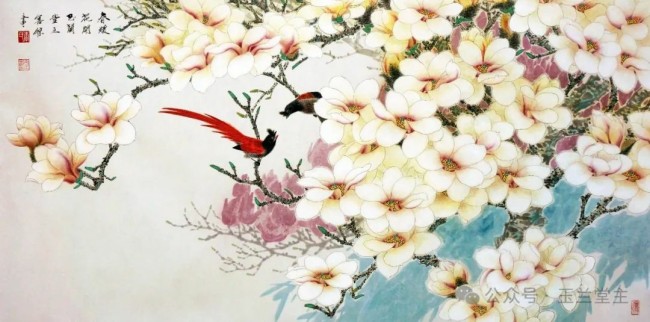 李善杰·花鸟画丨用清新的笔触与饱满的色彩，描绘玉兰探春、喜鹊登枝的春日画卷