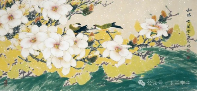 李善杰·花鸟画丨用清新的笔触与饱满的色彩，描绘玉兰探春、喜鹊登枝的春日画卷