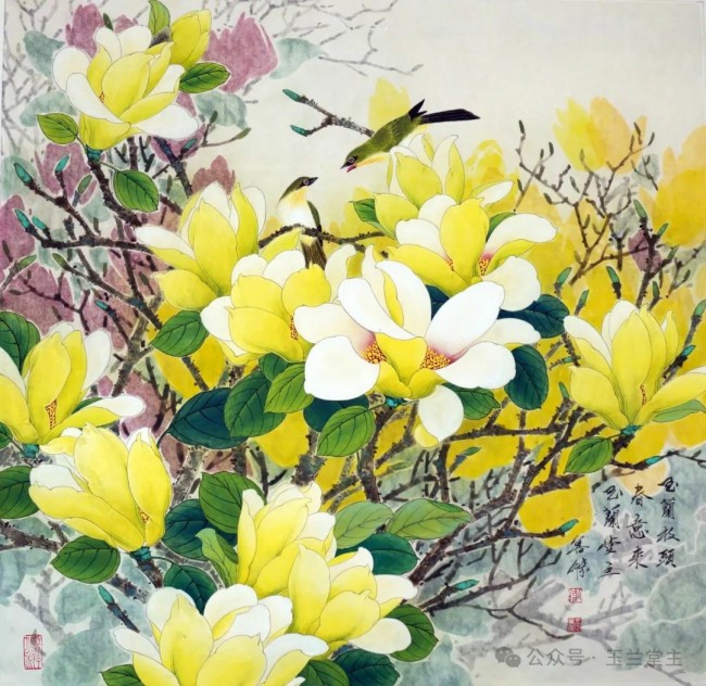 李善杰·花鸟画丨用清新的笔触与饱满的色彩，描绘玉兰探春、喜鹊登枝的春日画卷