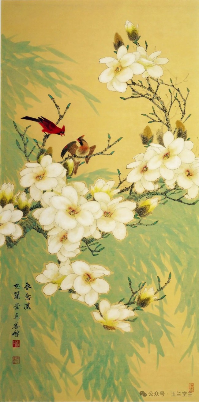 李善杰·花鸟画丨用清新的笔触与饱满的色彩，描绘玉兰探春、喜鹊登枝的春日画卷