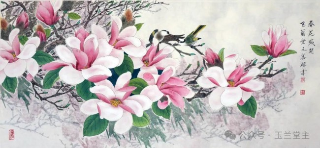 李善杰·花鸟画丨用清新的笔触与饱满的色彩，描绘玉兰探春、喜鹊登枝的春日画卷
