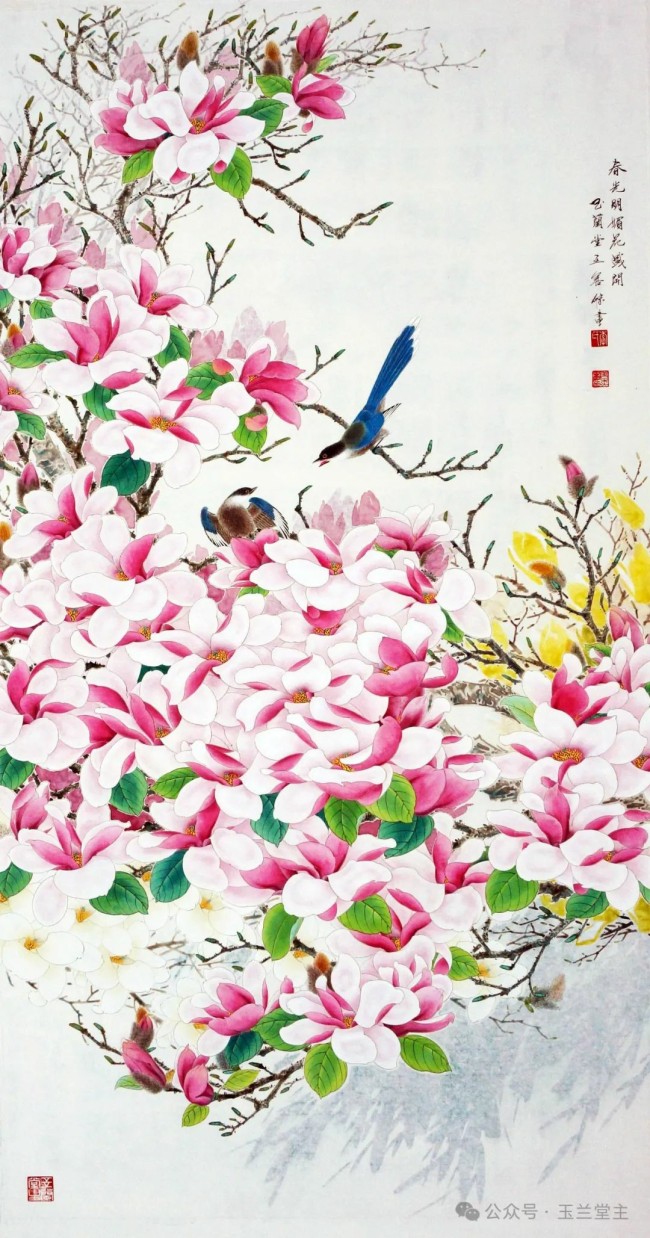 李善杰·花鸟画丨用清新的笔触与饱满的色彩，描绘玉兰探春、喜鹊登枝的春日画卷
