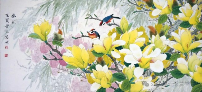 李善杰·花鸟画丨用清新的笔触与饱满的色彩，描绘玉兰探春、喜鹊登枝的春日画卷