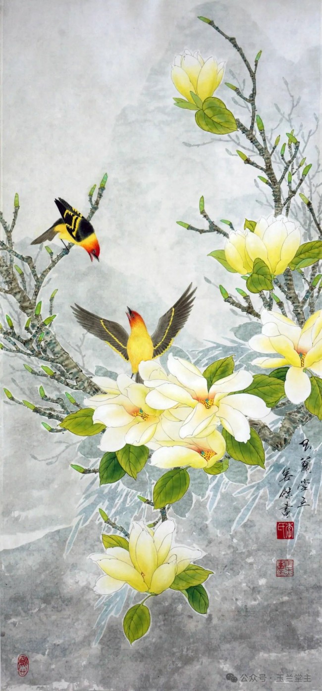 李善杰·花鸟画丨用清新的笔触与饱满的色彩，描绘玉兰探春、喜鹊登枝的春日画卷