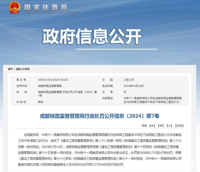 因不按照施工图设计文件或者施工技术标准施工，中铁十一局被罚26万余元