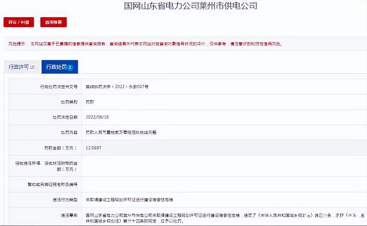 未批先建，国网山东省电力公司莱州市供电公司被罚12万余元