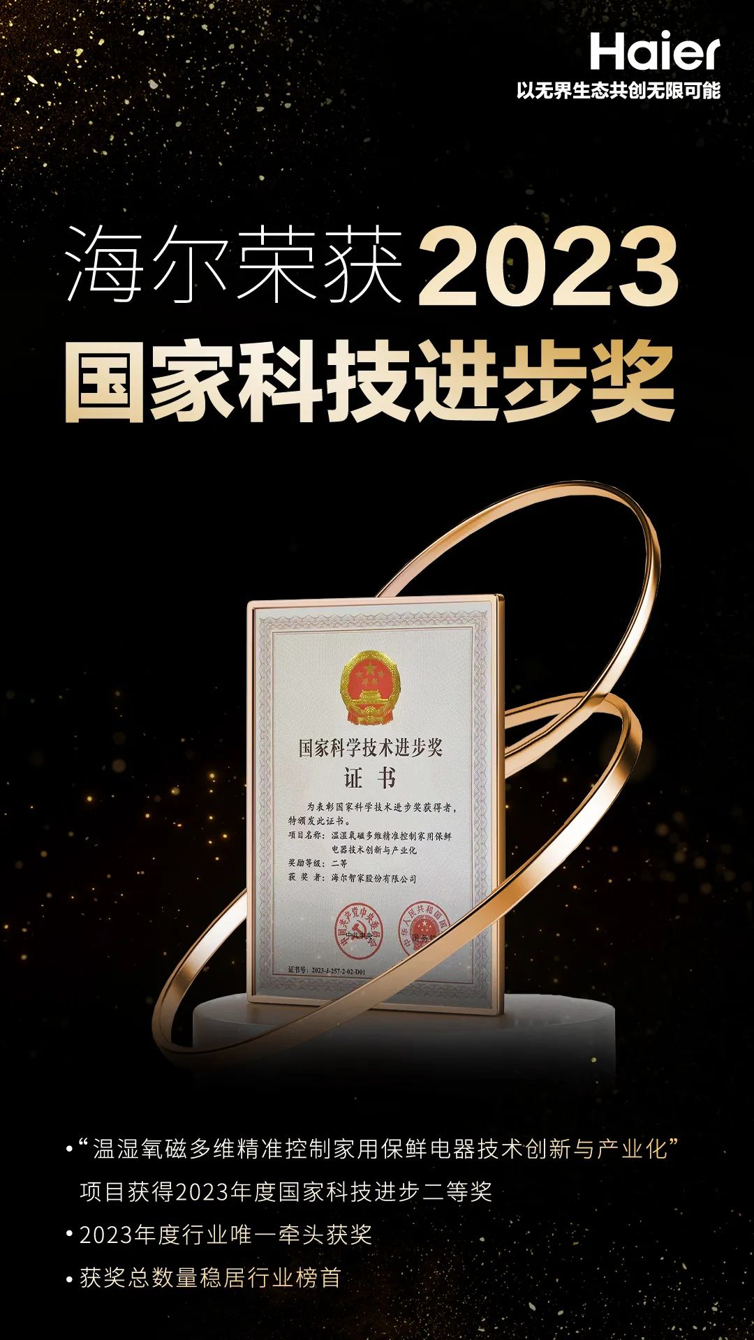 海尔家用保鲜技术果然领“鲜”一步——昨天的全国科技大会上行业唯一荣获国家科技进步二等奖！