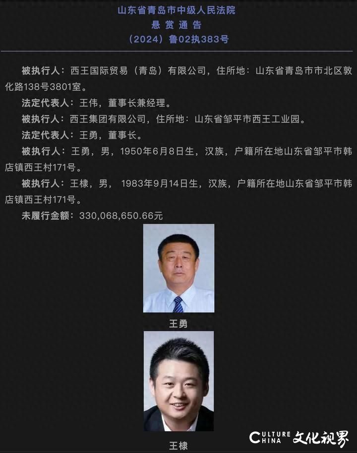 西王集团及其法人、董事长王勇等拒不支付超3.3亿元执行金——青岛中院发布悬赏金近千万元执行通告，征集相关财产线索