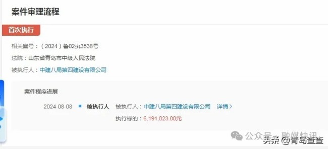中建八局四公司被青岛中院列为被执行人，执行标的超600万元