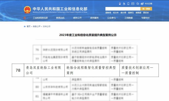 国家质量标杆！双星轮胎入选工业和信息化质量提升典型案例